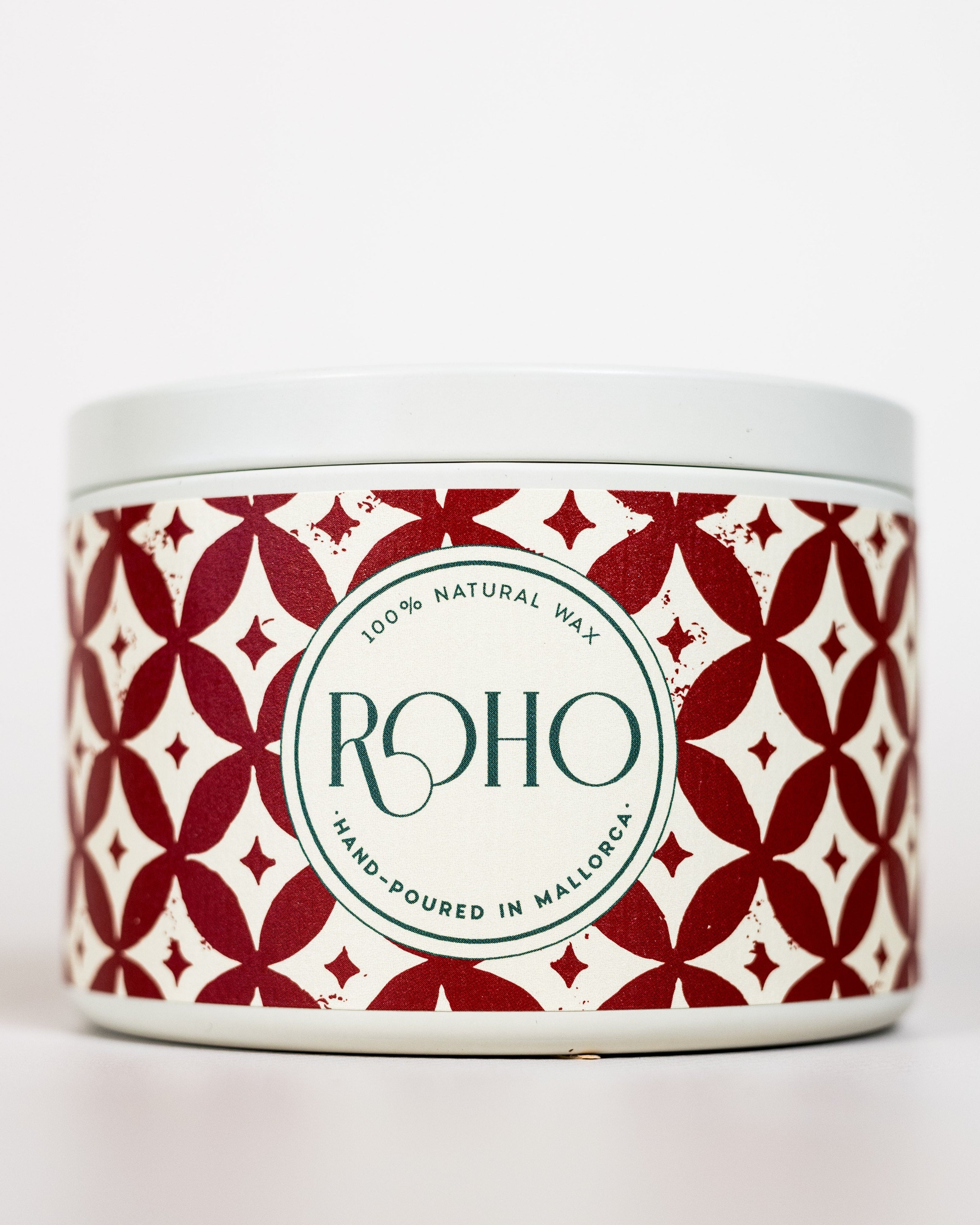 Scented Candle with red and white pattern label and &