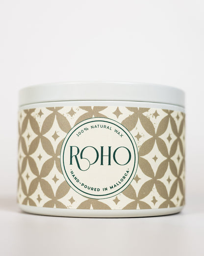 Scented Candle with a decorative patterned beige label on a white background. Winter Candle, Golden Myrrh scent, Christmas, gift, Winter candle