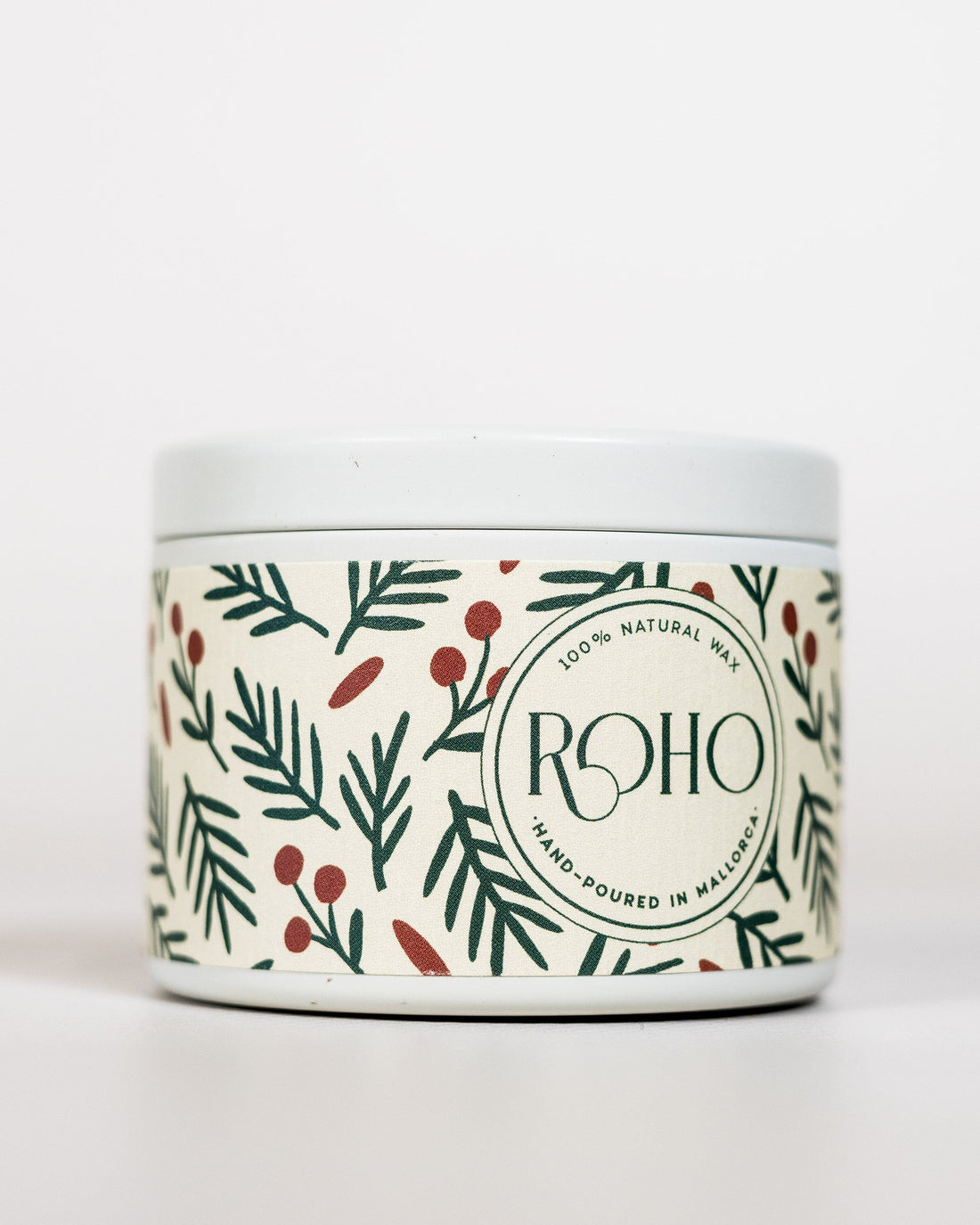 Scented Winter Candle with a decorative patterned label on a white background. Winter Candle, Winter scent, Pine and Cedar, Christmas, gift, Winter candle