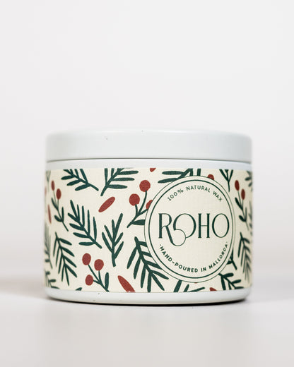 Scented Winter Candle with a decorative patterned label on a white background. Winter Candle, Winter scent, Pine and Cedar, Christmas, gift, Winter candle