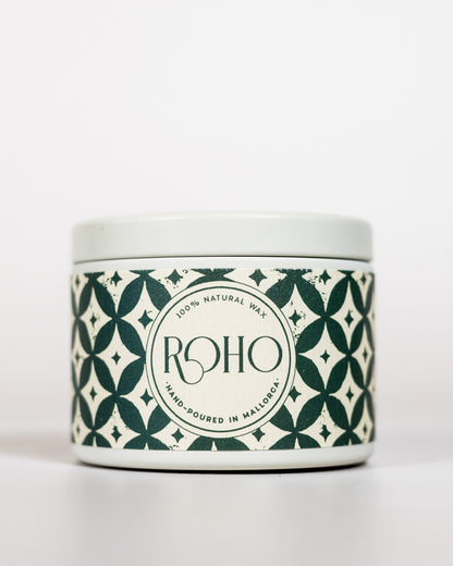 Scented Candle with a decorative patterned label on a white background. Winter Candle, Orange and Cinnamon scent, Christmas, gift, Winter candle