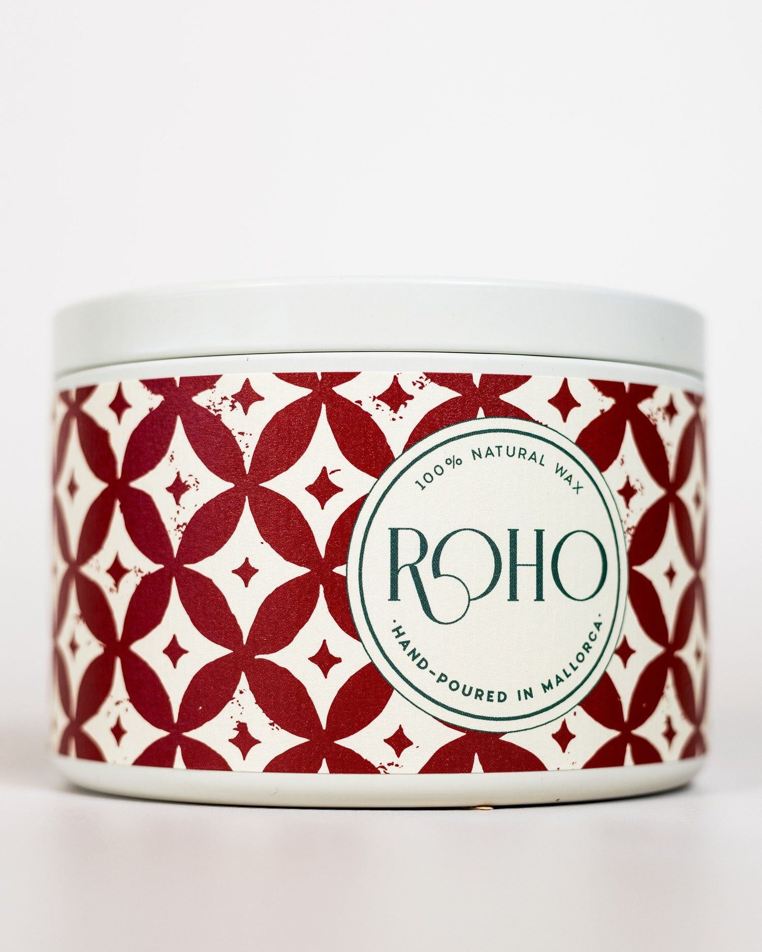 Scented Candle with red and white pattern label and &