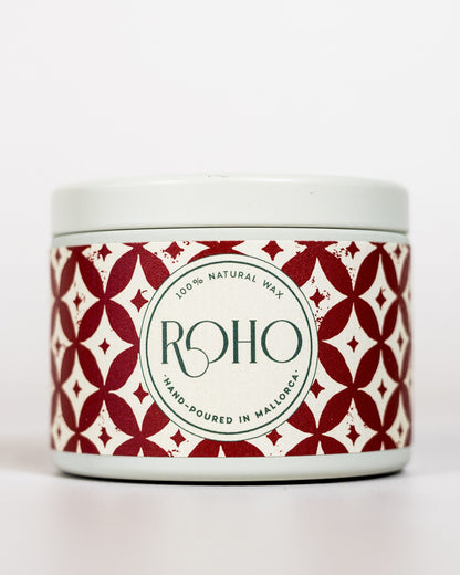 Scented Candle with red and white pattern label and &