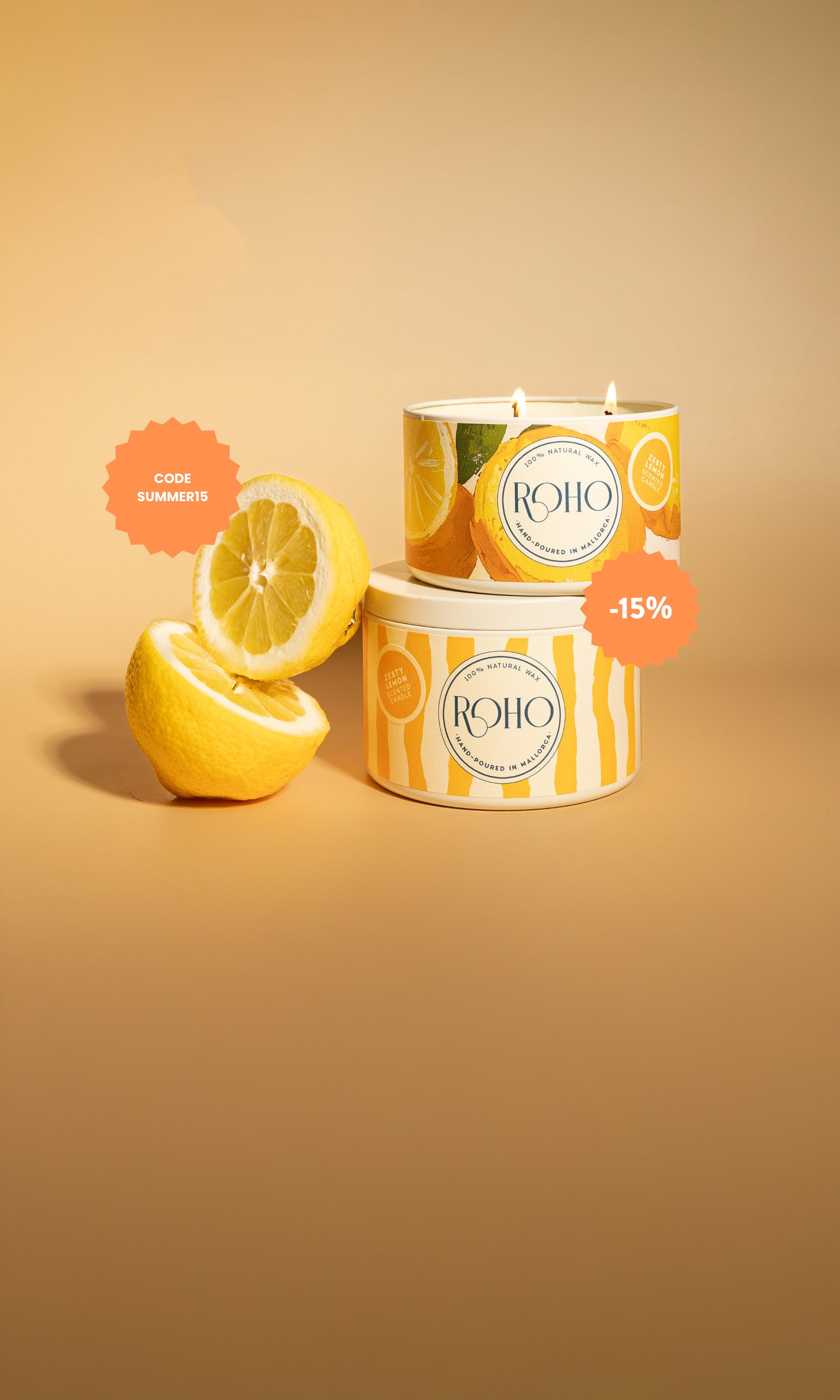Candle containers with lemon design and 'ROHO' branding on a beige background